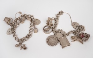 Two vintage sterling silver charm bracelets, 20th century, 72 grams total.