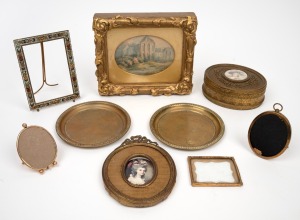 A vintage micromosaic picture frame, gold plated picture frames, a miniature portrait print in French gilt metal frame, a gilt bronze jewellery box with hand-painted miniature portrait top, a pair of Queen Victoria commemorative brass dishes, a framed pri