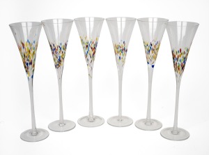 A set of six art glass champagne flutes, 20th century, ​​​​​​​28cm high.