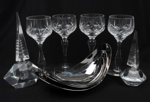 Two vintage crystal scent bottles with pagoda decorated tops, together with four wine glasses and three graduated stainless steel dishes, 20th century, (9 items), ​​​​​​​the largest 20cm high.