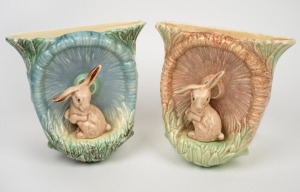 SYLVAC WARE pair of English porcelain wall pockets with rabbit and mushroom decoration, factory mark to base, 19cm high.