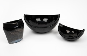 An Australian art glass vase together with two REIDEL black glass bowls, (3 items), the vase 13cm high.