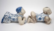 A pair of reproduction Chinese blue and white figural porcelain headrests, 20th century, 22cm high, 32cm long. - 2