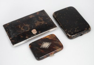 An antique tortoise shell cigarette case with sterling silver fittings, together with an antique tortoise shell folding cigarette case with rose gold plaque and silver trim, plus a tortoise shell cigarette case, 19th/20th century, (3 items), the largest 1