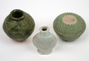197 · A Sung antique Chinese green glazed lidded bowl, together with an antique Chinese celadon porcelain miniature vase, and a green glazed dragon vase, (3 items), the largest 6cm high. ​​​​​​​PROVENANCE: The Rod Thomas Collection, Melbourne.