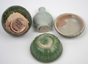 A Sung antique Chinese green glazed lidded bowl, together with an antique Chinese celadon porcelain miniature vase, and a green glazed dragon vase, (3 items), the largest 6cm high. ​​​​​​​PROVENANCE: The Rod Thomas Collection, Melbourne. - 2