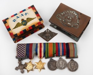 WW2 miniature services medal group including a Distinguished Flying Cross (DFC), together with two matchbox holders and a lapel badge.