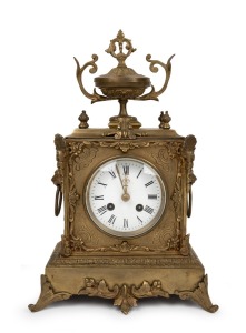 440 · An antique French mantle clock in ornate gilt metal case, with eight day time and bell striking movement and Roman numerals, 19th century, ​​​​​​​36cm high.