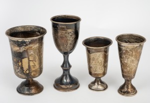 131 · Three antique Russian silver vodka cups, together with an English sterling silver example, 19th/20th century, (4 items), ​​​​​​​the largest 9.5cm high, 117 grams total.