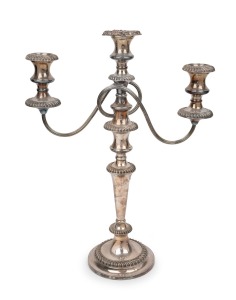 An antique English silver plated three branch candelabra, 19th/20th century, 46cm high, 33cm wide.