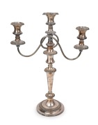 An antique English silver plated three branch candelabra, 19th/20th century, ​​​​​​​46cm high, 33cm wide.