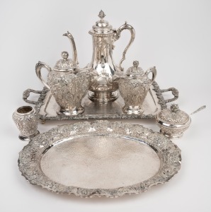 135 · Assorted silver plated tea and coffee ware, 20th century, (7 items), the larger tray 57cm wide.