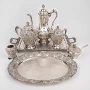 Assorted silver plated tea and coffee ware, 20th century, (7 items), the larger tray 57cm wide.