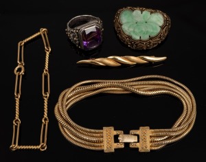 360 · A vintage Chinese carved jade and filigree silver brooch, silver and purple stone ring, gold plated bracelets, silver pendant and brooch, 20th century, (6 items).
