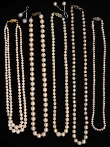 357 · Five assorted cultured pearl necklaces, together with a pair of silver and pearl drops, (6 items).