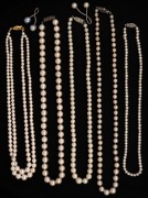 Five assorted cultured pearl necklaces, together with a pair of silver and pearl drops, (6 items).