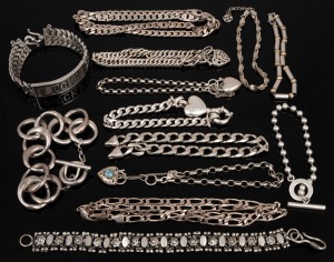 374 · Assorted bracelets and necklaces, mostly silver, 20th century, ​​​​​​​313 grams total.