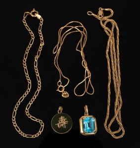 393 · Two 14ct gold chains, a 14ct gold bracelet and two gold mounted pendants, 20th century, (5 items), the chains 7.5 grams total