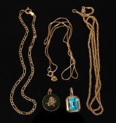 Two 14ct gold chains, a 14ct gold bracelet and two gold mounted pendants, 20th century, (5 items), the chains 7.5 grams total