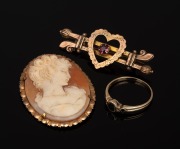 An antique Australian 9ct gold cameo brooch, a 9ct gold bar brooch and a 9ct gold ring with stones, 19th/20th century, (3 items), ​​​​​​​the brooch and the ring 4.5 grams, 12 grams total including shell cameo.