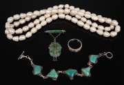 A 9ct white gold ring with stones, together with a freshwater pearl necklace, a Siamese silver and enamel peacock brooch, and a silver a turquoise bracelet, 20th century, (4 items), ​​​​​​​the ring 2.2 grams.