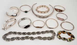 398 · Assorted bangles, bracelets, necklace and choker, silver, pewter and white metal, (13 items).