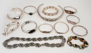 Assorted bangles, bracelets, necklace and choker, silver, pewter and white metal, (13 items).