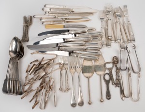 129 · Sterling silver sugar tongs (20 grams); together with assorted antique and vintage silver plated cutlery and servers, 19th/20th century, (qty).
