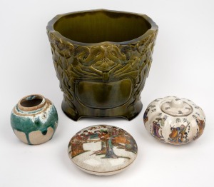 305 · A Japanese Art Nouveau porcelain jardiniere; together with a green glazed pottery vase and two lidded porcelain boxes, 19th and 20th century, (4 items), the largest 21cm high.