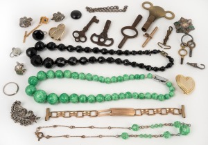 Beaded necklaces, costume jewellery, antique clock and watch keys etc., (qty).