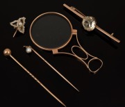 Two antique 9ct rose gold stickpins, a 9ct gold bar brooch with stone and a Georgian seed pearl earring; together with an antique 9ct rose gold plated quizzer, 19th/20th century, (5 items).