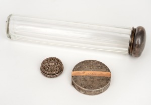 333 · A vintage sterling silver circular box with rose gold decoration, engraved "Maria", (21 grams); together with a crystal and sterling silver vanity jar (lid 10 grams), a sterling silver chatelaine powder compact with convex mirrored interior (13 grams including mirror), 19th and 20th century, (3 items), the largest 18.5cm high.
