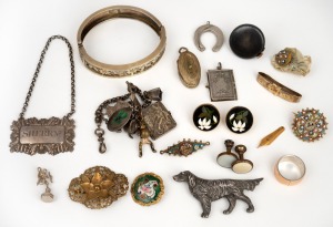 An antique 15ct gold buckle clasp (2.6 grams), assorted silver jewellery, micromosaic jewellery, pietra dura earrings, miniature book souvenir with photographs, antique stud watch, decanter label etc., (qty).