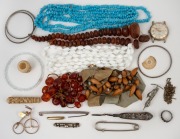 Assorted beaded necklaces, silver and costume jewellery, wristwatch, Chinese carved ivory pieces etc., (qty).