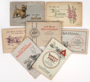W.D. & H.O. WILLS: seven complete sets in official albums: 1934 "Safety First" (50); 1934 "Radio Celebrities" (50); 1935 "The Reign of King George V" (50); 1936 "Railway Engines" (50); 1937 "Wild Flowers - 2nd Series"; 1937 "Dogs" (50); and 1938 "Air Rai