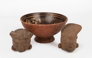 An American first nations pottery bowl unknown age, together with two terracotta heads, also unknown age, (3 items), the bowl 9cm high, 18cm wide.
