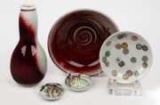 Sang de Boeuf pottery vase and bowl, Chinese porcelain dish and two lidded boxes, 20th century, the vase 24cm high