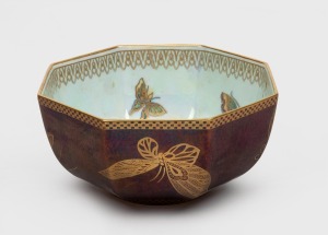 WEDGWOOD purple lustre glazed porcelain bowl with butterfly decoration, designed by DAISY MAKEIG JONES, circa 1920s, factory mark to base, ​​​​​​​9cm high, 18cm wide.