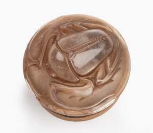 LALIQUE French Art Deco glass powder lid with frosted brown finish, ​​​​​​​9cm diameter.