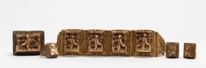 A vintage Chinese gilded filigree silver and carved ivory bangle, brooch, ring and earring set, housed in original silk box, 20th century, the bracelet 18cm long.
