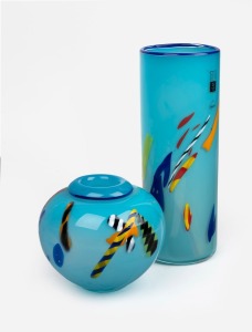 H&Ouml;GLUND two blue art glass vases with murrines and cane inclusions, engraved signatures to base, 26cm and 12cm high.
