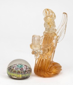 A Murano millefiori glass paperweight with original red foil label, together with a Murano glass angel candle holder, (2 items), ​​​​​​​the larger 16cm high.