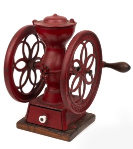 ENTERPRISE MANUFACTURING CO. antique America cast iron coffee grinder with red painted finish, circa 1873, ​​​​​​​32cm high.