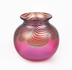OKRA iridescent art glass vase, engraved "Okra, '92", 10cm high.