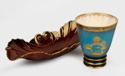 CARLTON WARE "Bleu Royale" Pagona pattern English porcelain vase; together with a CARLTON WARE "Rouge Royale" English porcelain dish, (2 items), factory marks to base, the vase 13cm high.