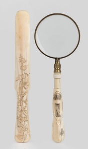 An antique carved ivory page turner, together with a magnifying glass with carved ivory handle, (2 items), ​​​​​​​27cm long.