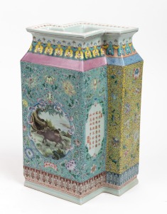 An unusual Chinese famille verte porcelain vase, 20th century, red mark to base, 31cm high.