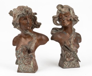 A pair of French Art Nouveau patinated spelter figural busts, titled "Cleopatre" and "Salambo", circa 1900, A/F. 30cm high.