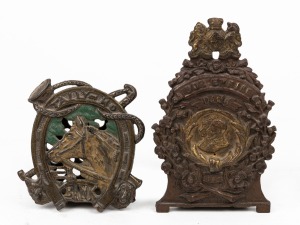 Two antique cast iron money boxes, comprising of TALLY-HO BANK and OUR EMPIRE BANK, early 20th century, ​​​​​​​11cm and 17cm high.