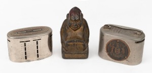 BILLIKEN antique metal money bank; together with two vintage nickel plated money boxes, (3 items), the largest 10.5cm high.